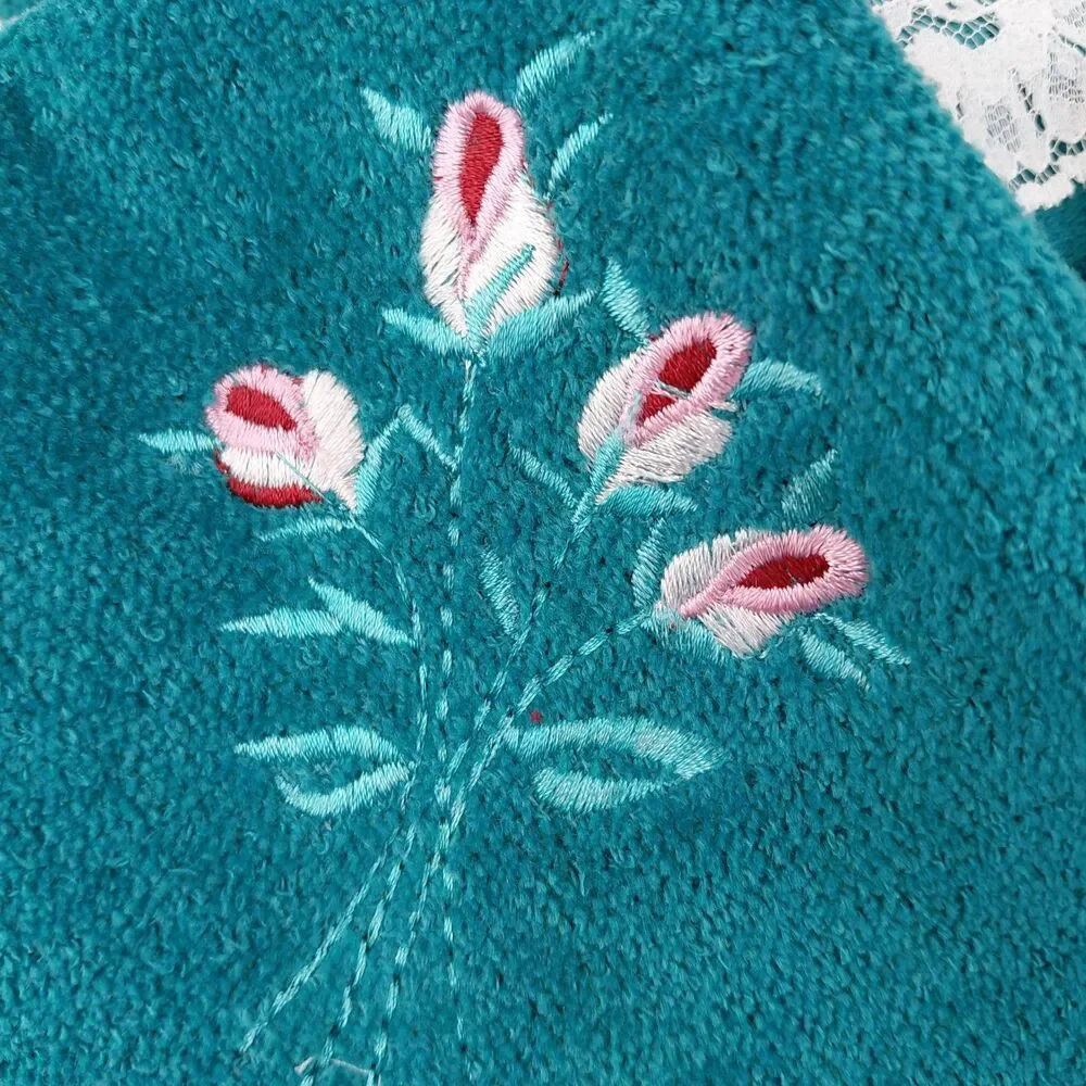 Vtg JC Penny's Cotton Lace Trim  Ribbon & Rose 5 Pc Towel Set Dark Green USA NOS